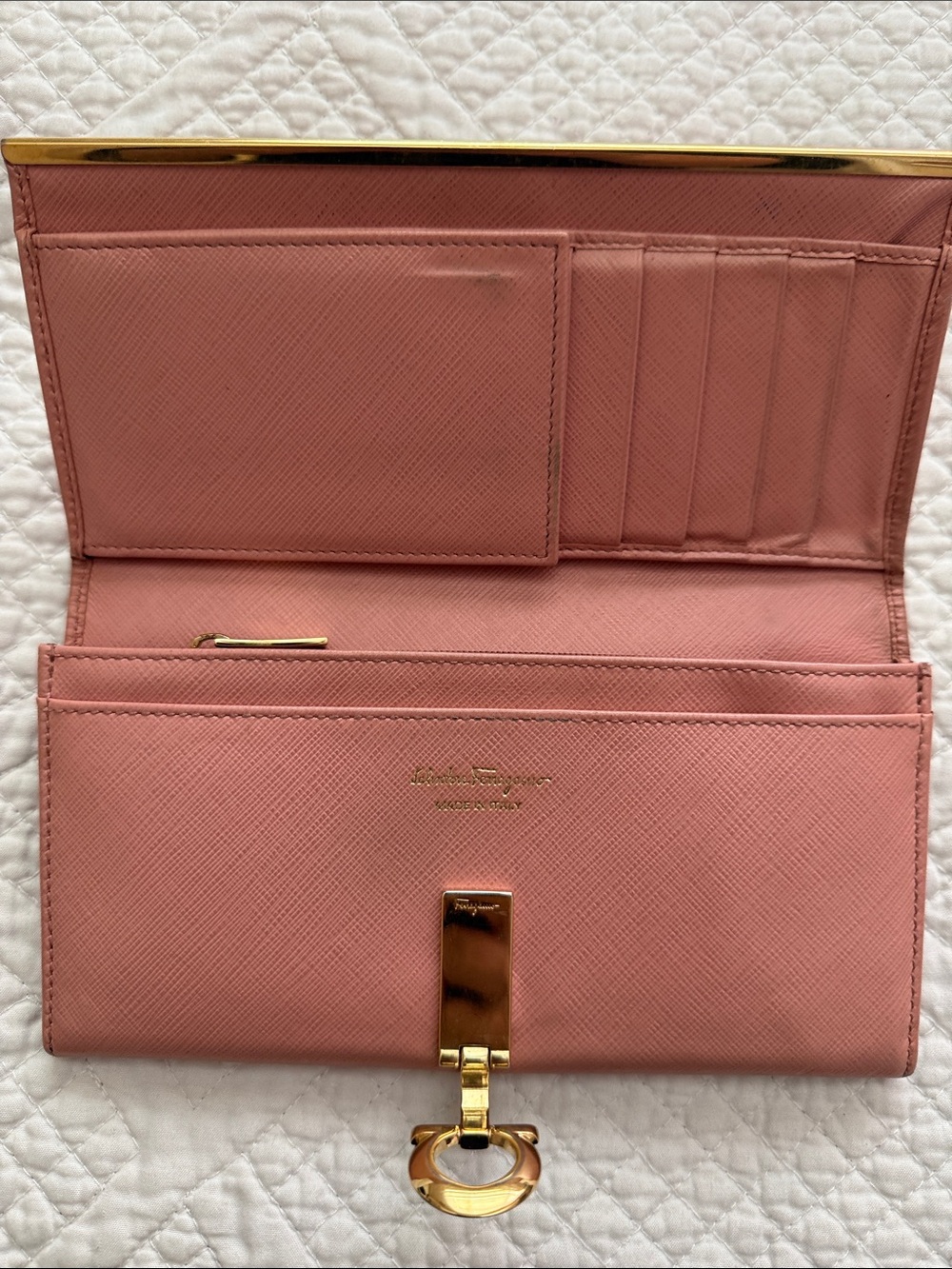 Salvatore Ferragamo Pink Saffiano Leather Wallet with Gold Hardware - Picture 2 of 12
